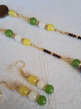 Handcrafted Green, Yellow & White Beaded Necklace and Pierced Earring Set